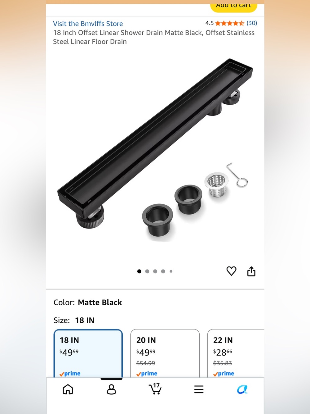 New in box Matte Black Linear Shower Drain - 18"